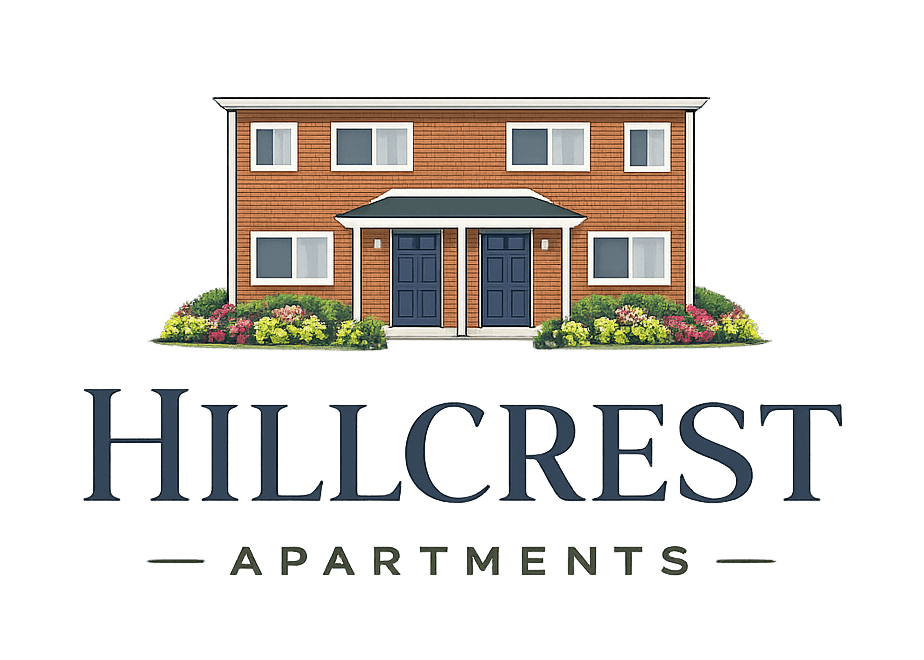 A logo for Hillcrest Apartments featuring a building and the name of the apartments.